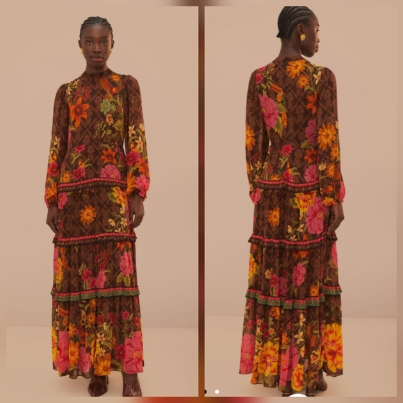 FARM Rio Dresses & Skirts - FARM Rio Brown Maxi Dress with Pink & Yellow Floral Print